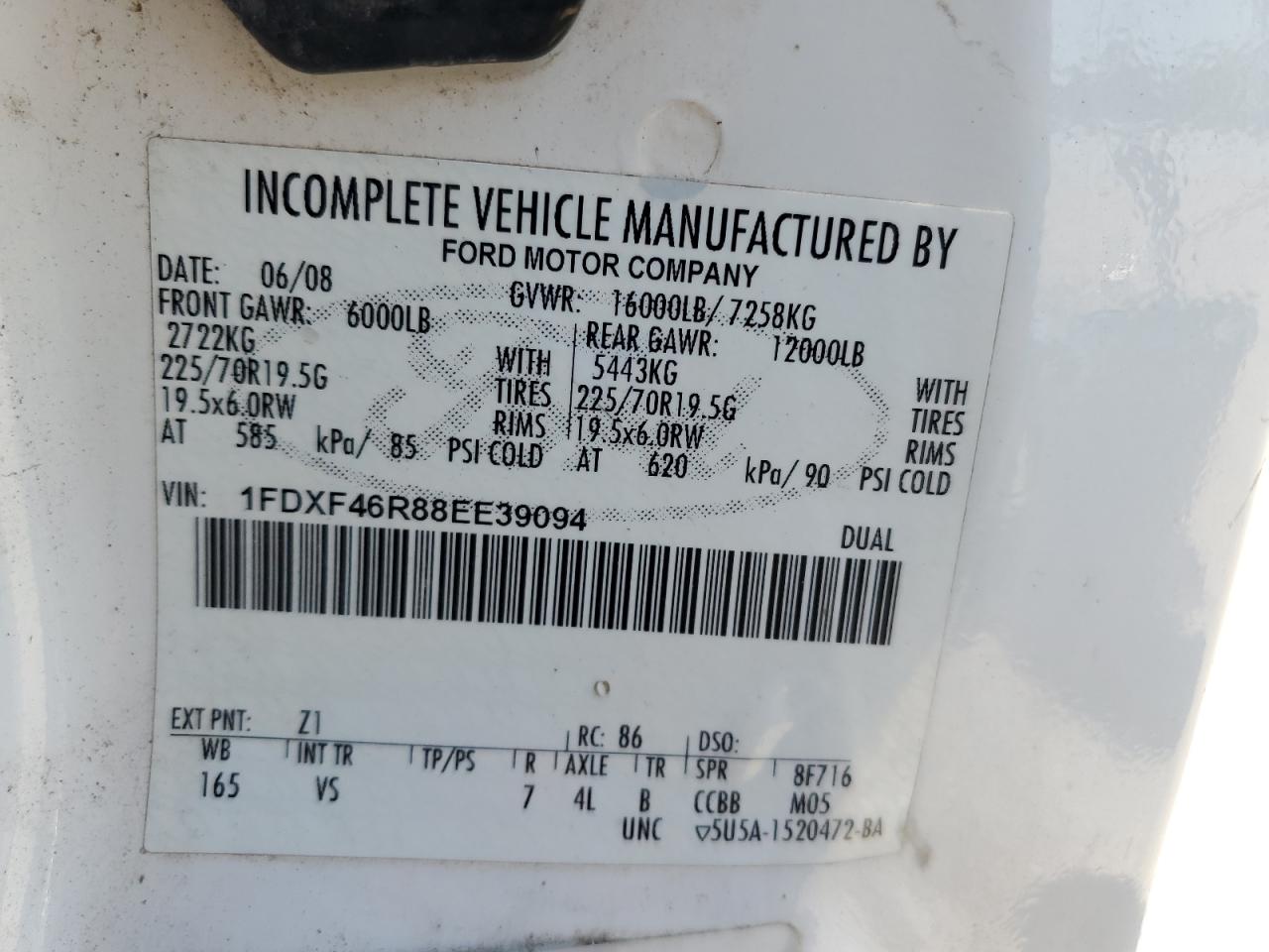 2008 Ford F450 Super Duty VIN: 1FDXF46R88EE39094 Lot: 63050115