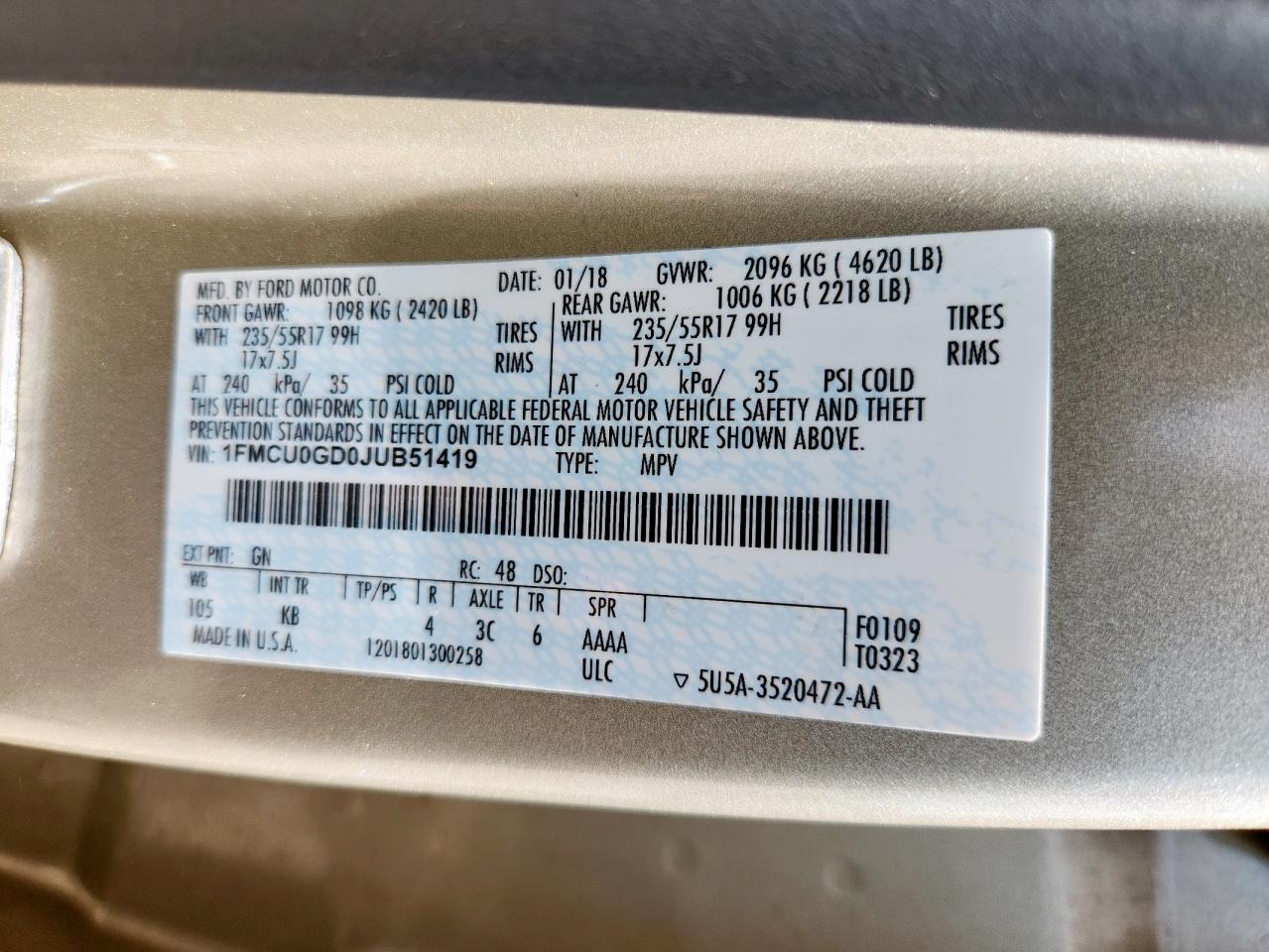 2018 Ford Escape Se VIN: 1FMCU0GD0JUB51419 Lot: 64962945