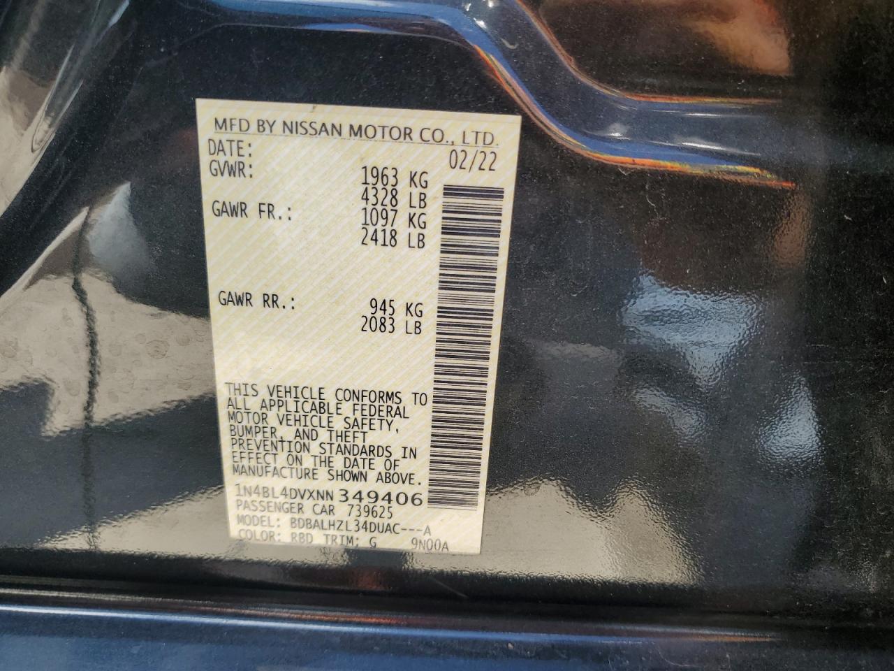 2022 Nissan Altima Sv VIN: 1N4BL4DVXNN349406 Lot: 63448015