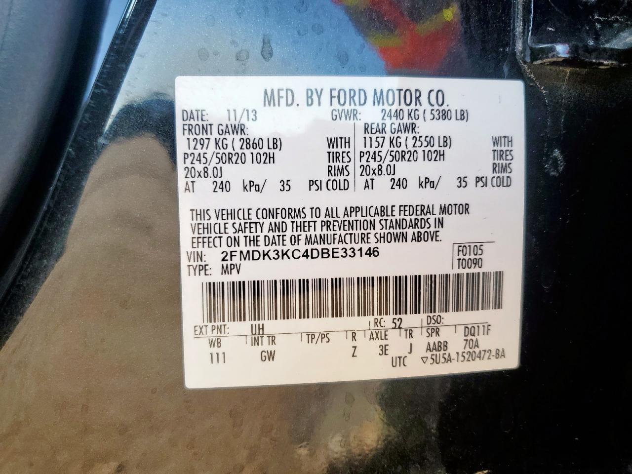 2013 Ford Edge Limited VIN: 2FMDK3KC4DBE33146 Lot: 64785035