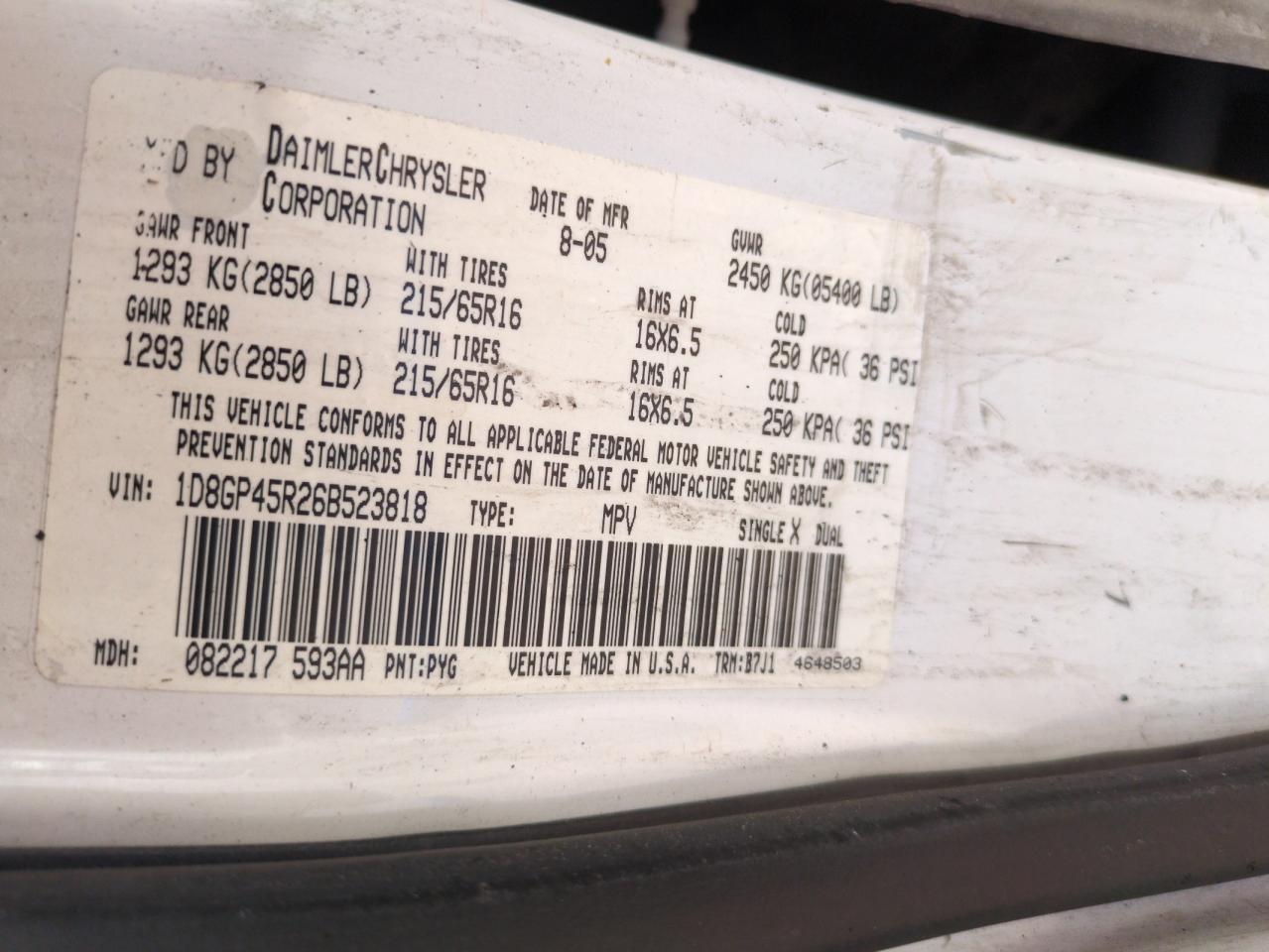 2006 Dodge Caravan Sxt VIN: 1D8GP45R26B523818 Lot: 63150435