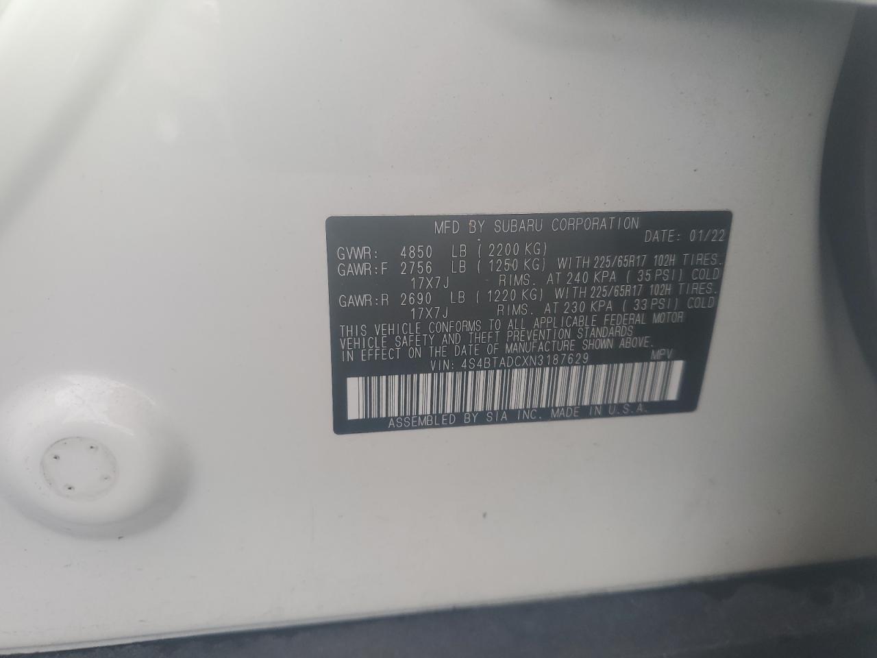 2022 Subaru Outback Premium VIN: 4S4BTADCXN3187629 Lot: 64626775