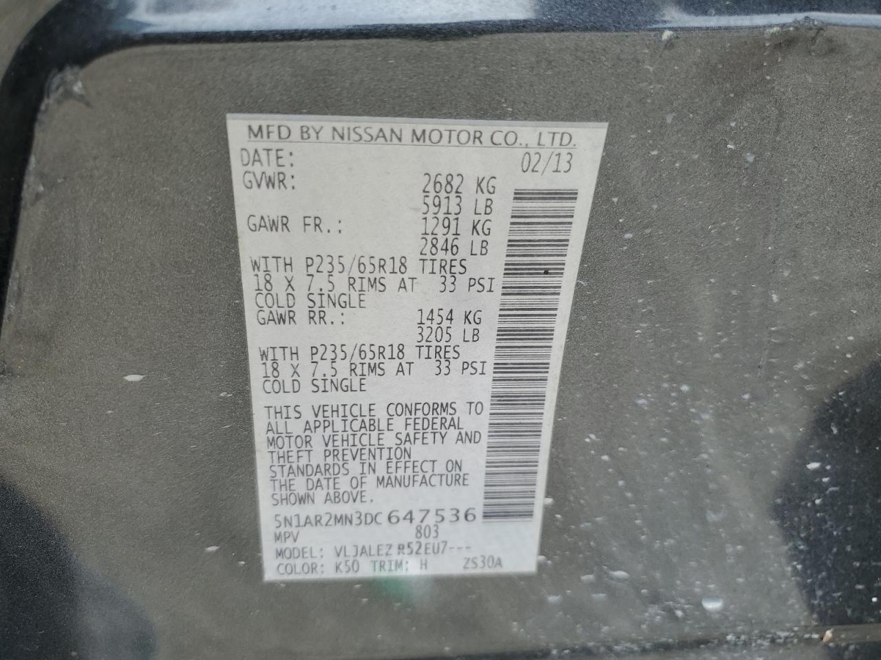2013 Nissan Pathfinder S VIN: 5N1AR2MN3DC647536 Lot: 65019465