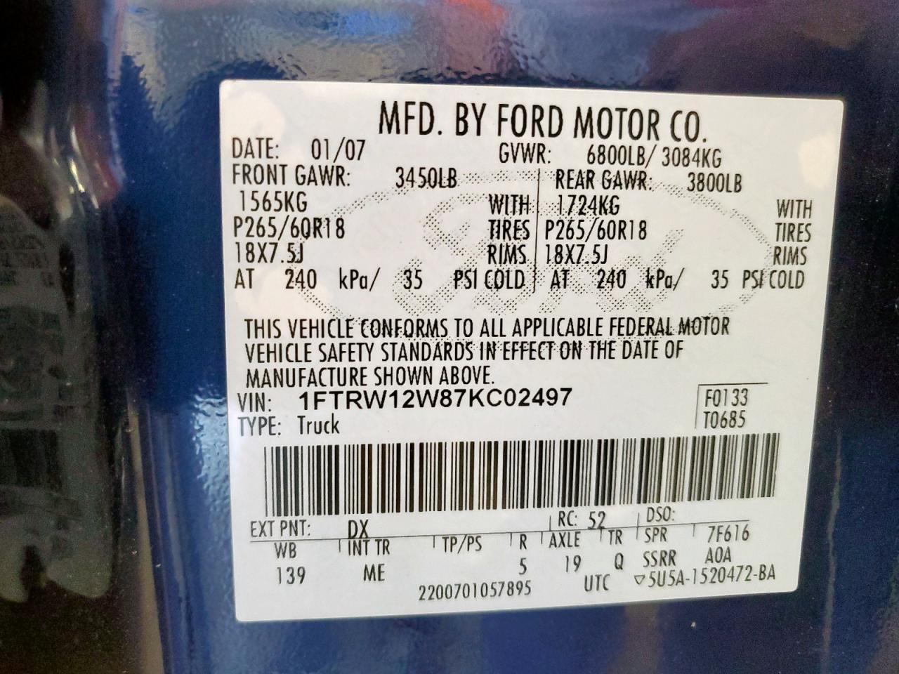 2007 Ford F150 Supercrew VIN: 1FTRW12W87KC02497 Lot: 64212145