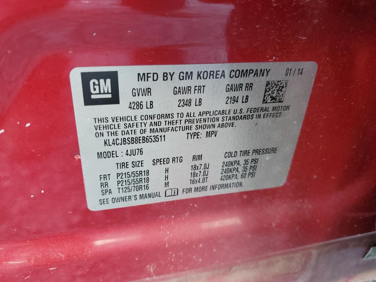 2014 Buick Encore Convenience VIN: KL4CJBSB8EB653511 Lot: 63056005