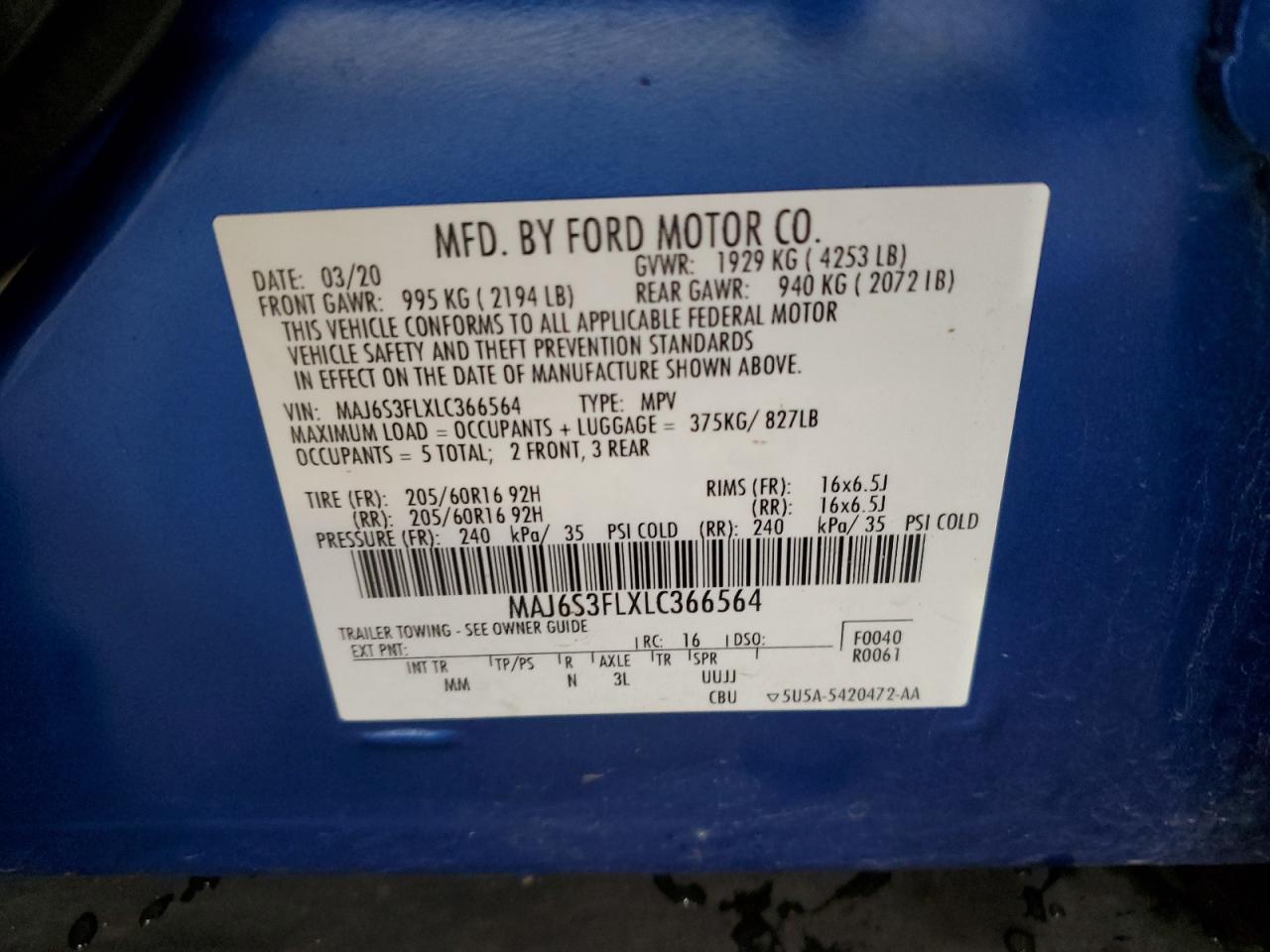 2020 Ford Ecosport S VIN: MAJ6S3FLXLC366564 Lot: 65266025
