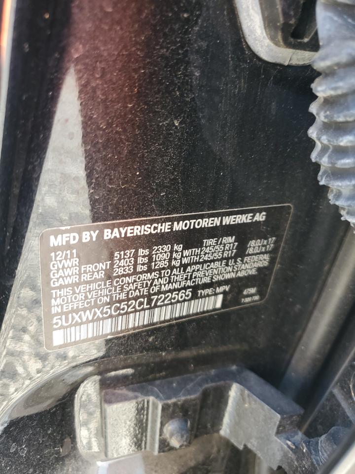 2012 BMW X3 xDrive28I VIN: 5UXWX5C52CL722565 Lot: 65372615
