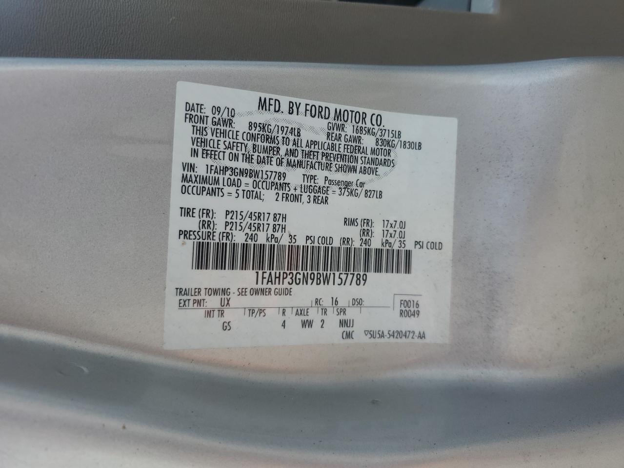 2011 Ford Focus Ses VIN: 1FAHP3GN9BW157789 Lot: 65796325
