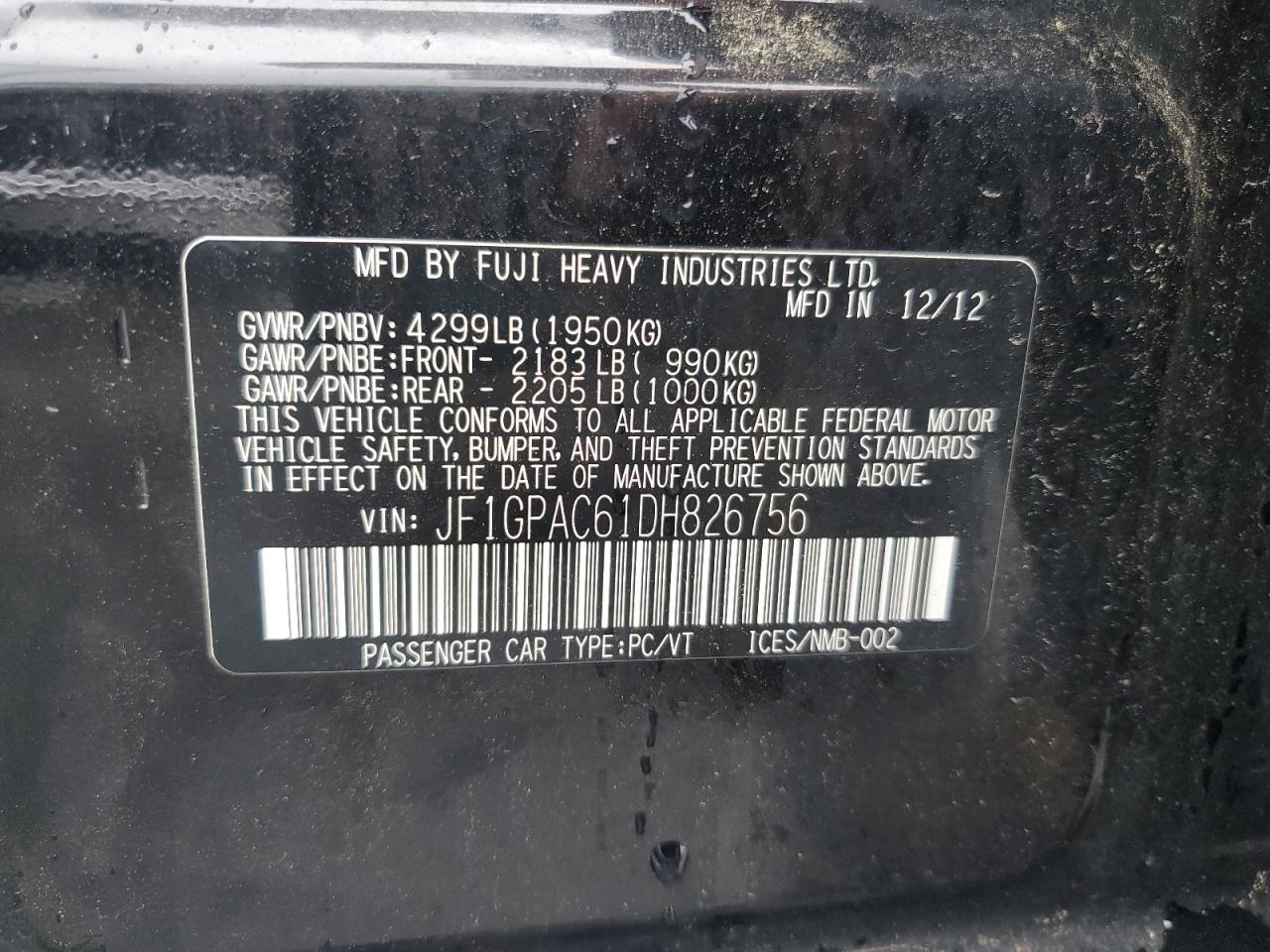 2013 Subaru Impreza Premium VIN: JF1GPAC61DH826756 Lot: 63400485