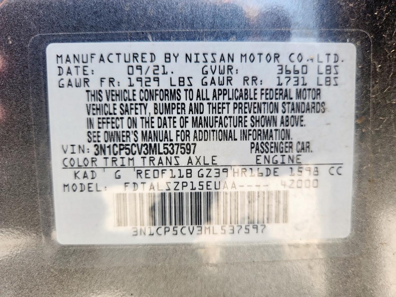 2021 Nissan Kicks Sv VIN: 3N1CP5CV3ML537597 Lot: 65069685