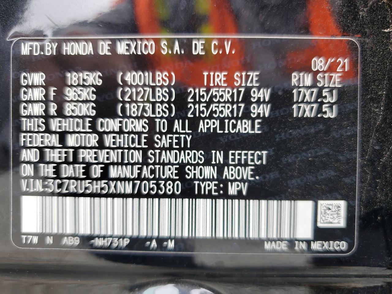 2022 Honda Hr-V Ex VIN: 3CZRU5H5XNM705380 Lot: 65180075
