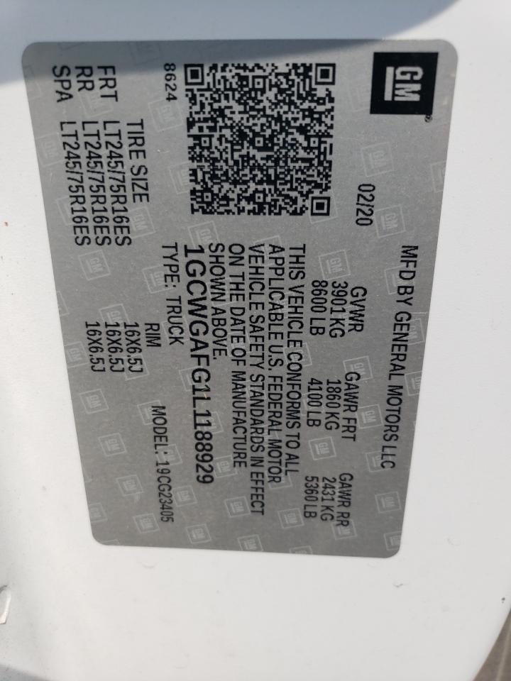 2020 Chevrolet Express G2500 VIN: 1GCWGAFG1L1188929 Lot: 66123305