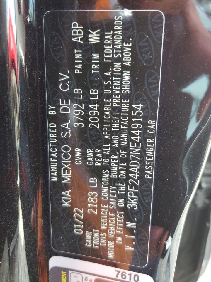 2022 Kia Forte Fe VIN: 3KPF24AD7NE449154 Lot: 64119295