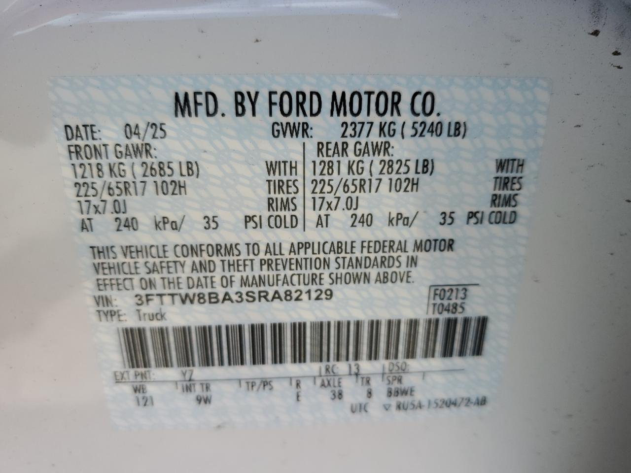 3fttw8ba3sra82129 3FTTW8BA3SRA82129 2025 Ford Maverick Xl