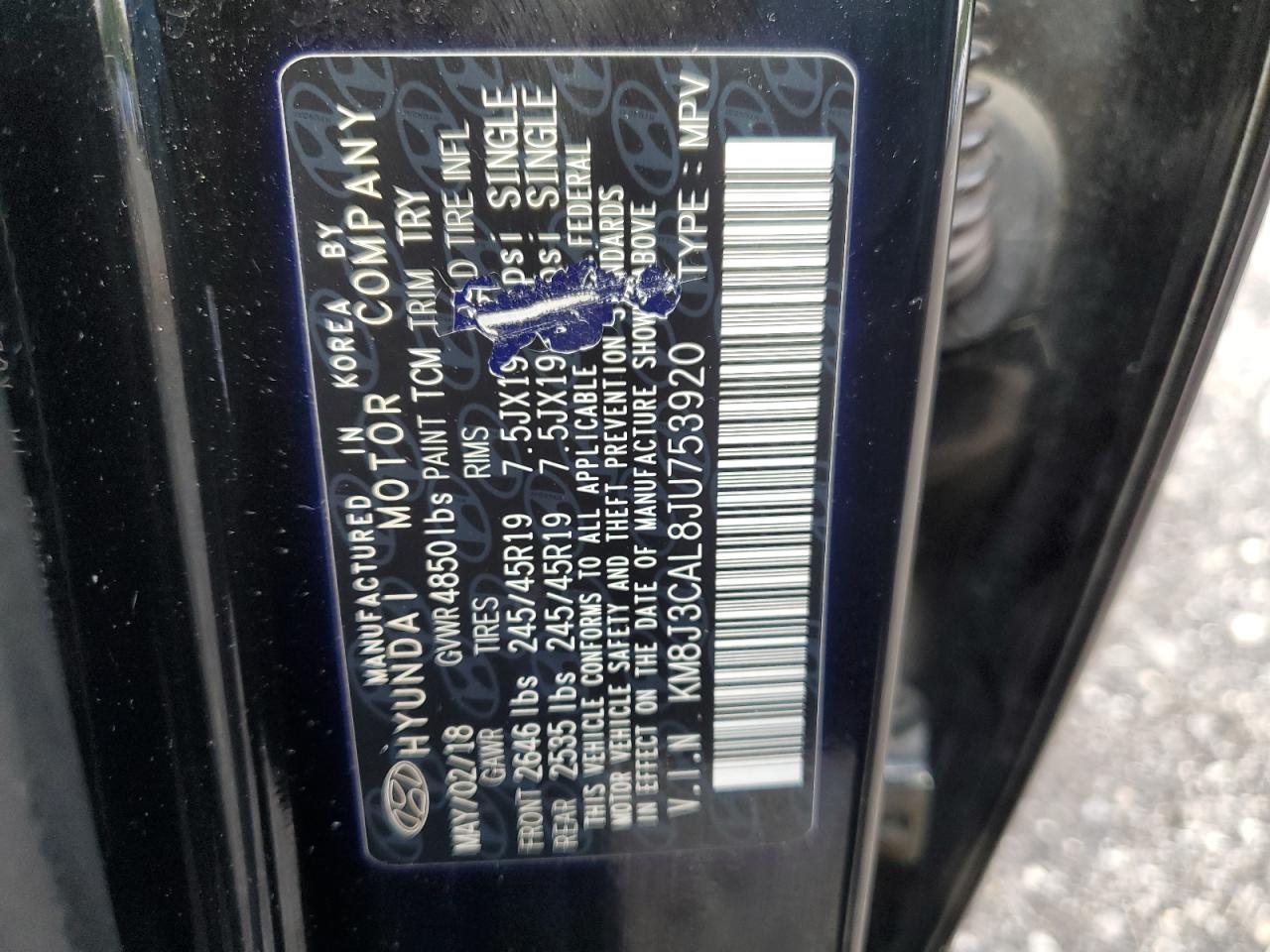 2018 Hyundai Tucson Sport VIN: KM8J3CAL8JU753920 Lot: 63495145