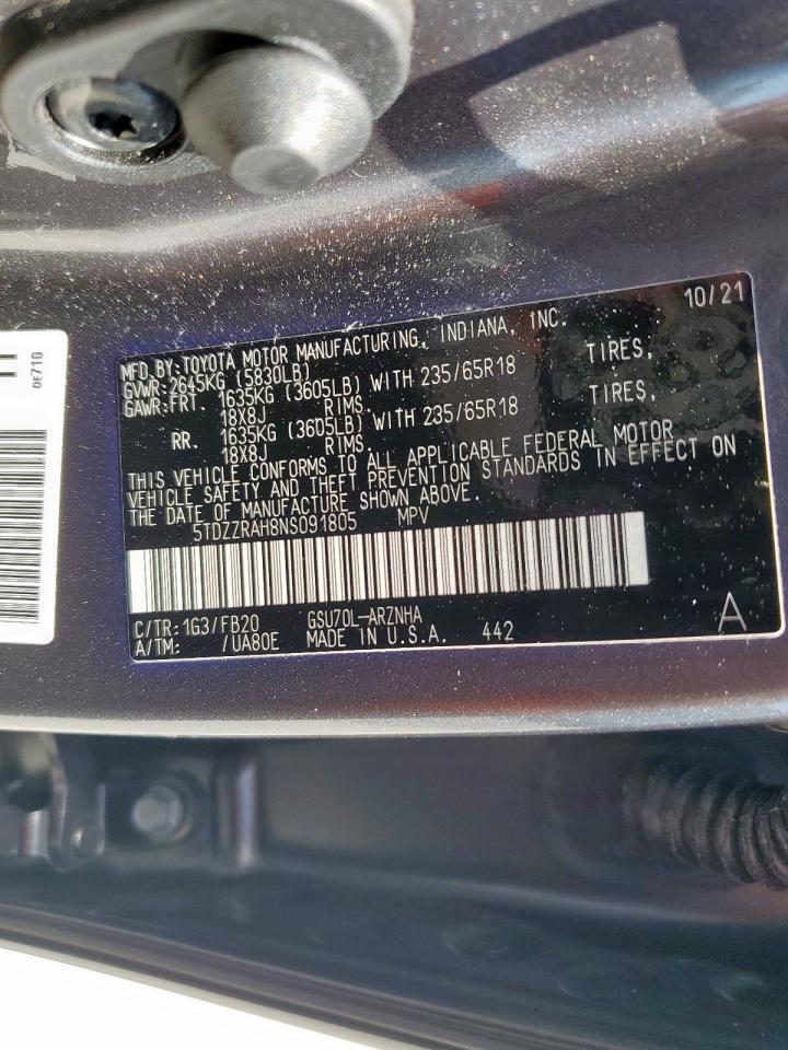 2022 Toyota Highlander L VIN: 5TDZZRAH8NS091805 Lot: 64499465