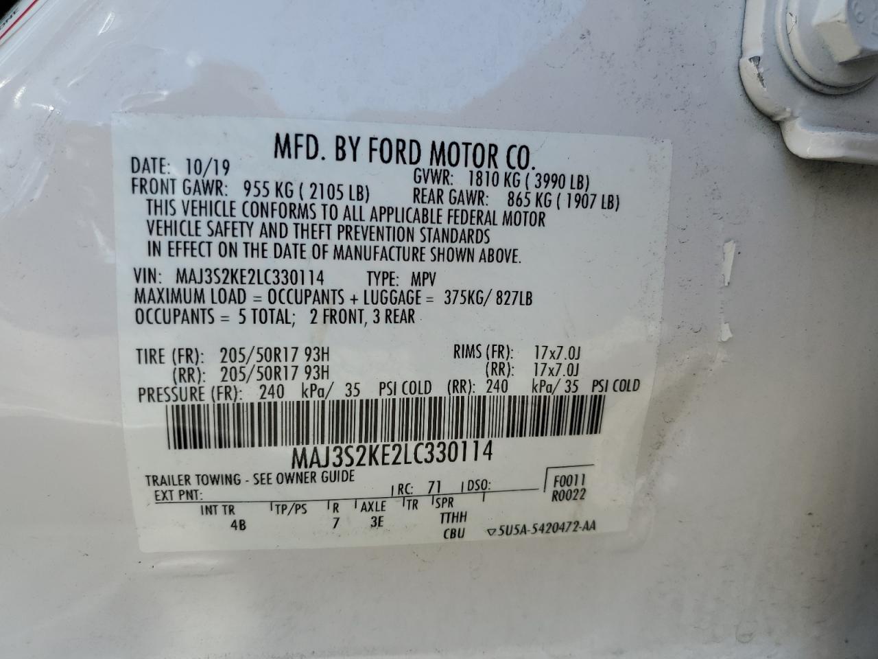 2020 Ford Ecosport Titanium VIN: MAJ3S2KE2LC330114 Lot: 64237055