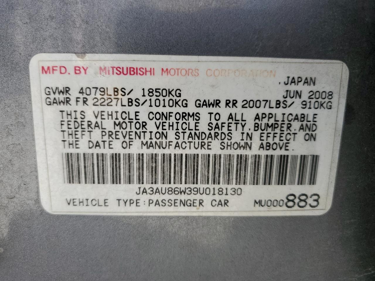 2009 Mitsubishi Lancer Gts VIN: JA3AU86W39U018130 Lot: 63526265