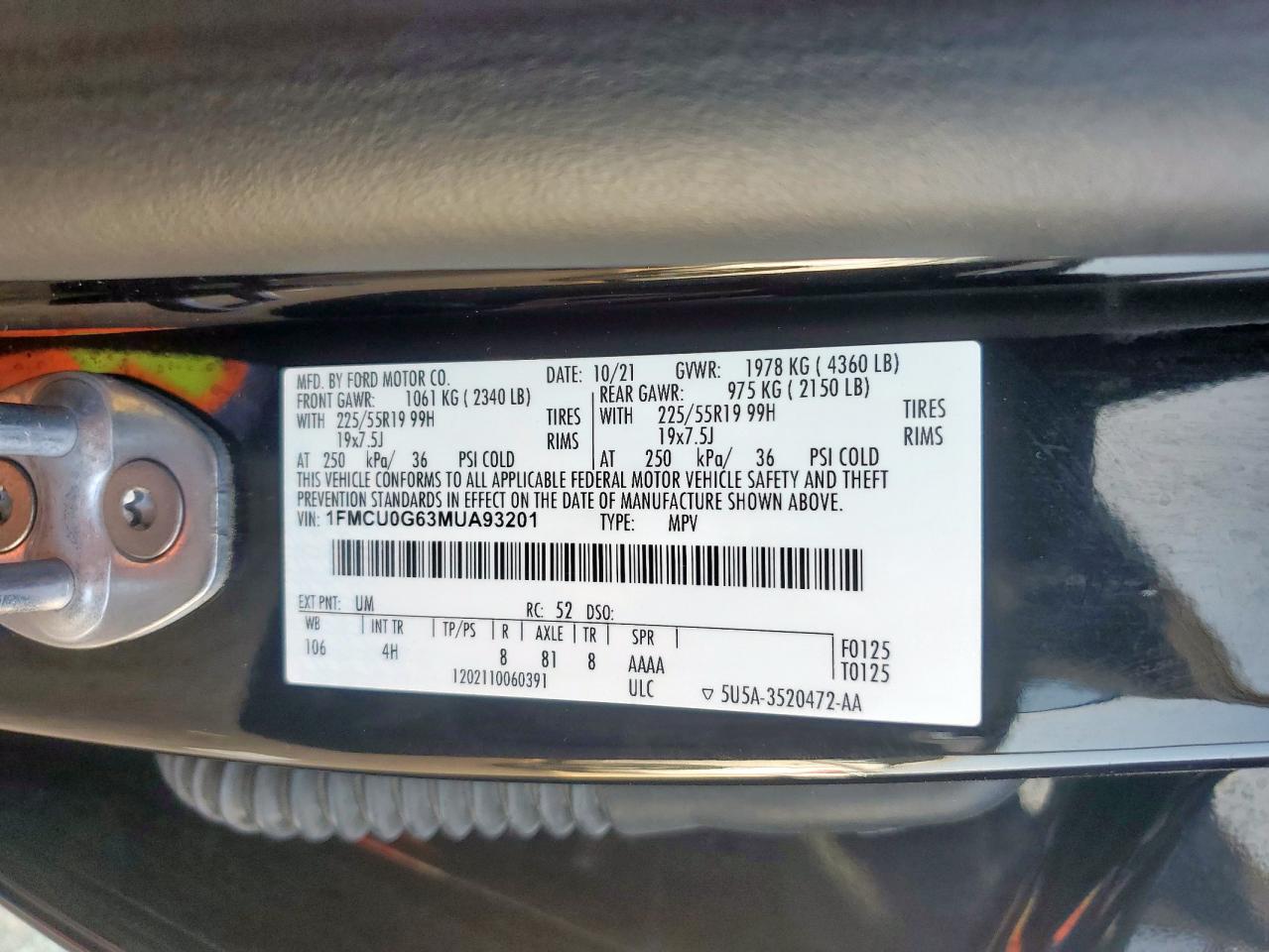 2021 Ford Escape Se VIN: 1FMCU0G63MUA93201 Lot: 63028945