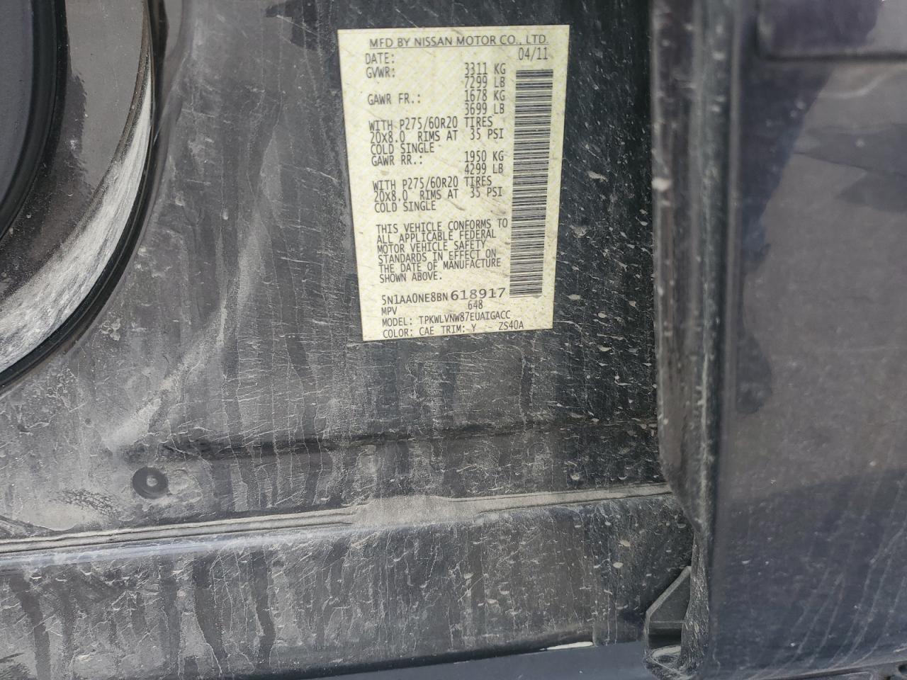 2011 Nissan Armada Platinum VIN: 5N1AA0NE8BN618917 Lot: 62392125