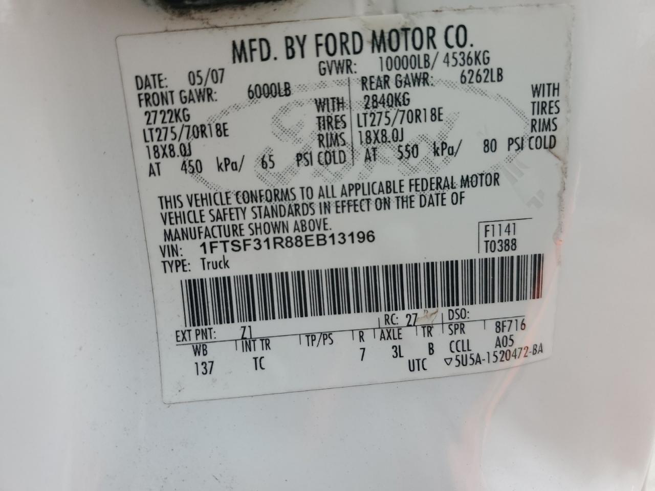 2008 Ford F350 Srw Super Duty VIN: 1FTSF31R88EB13196 Lot: 63586275
