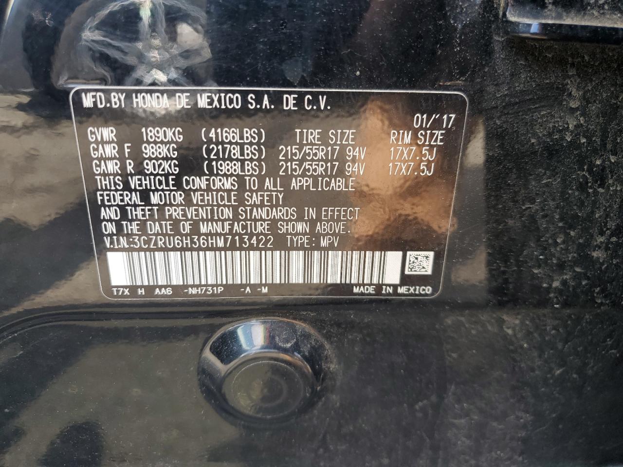 2017 Honda Hr-V Lx VIN: 3CZRU6H36HM713422 Lot: 65393305