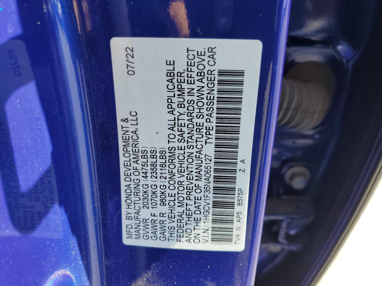 2022 Honda Accord Sport VIN: 1HGCV1F35NA065127 Lot: 63292875
