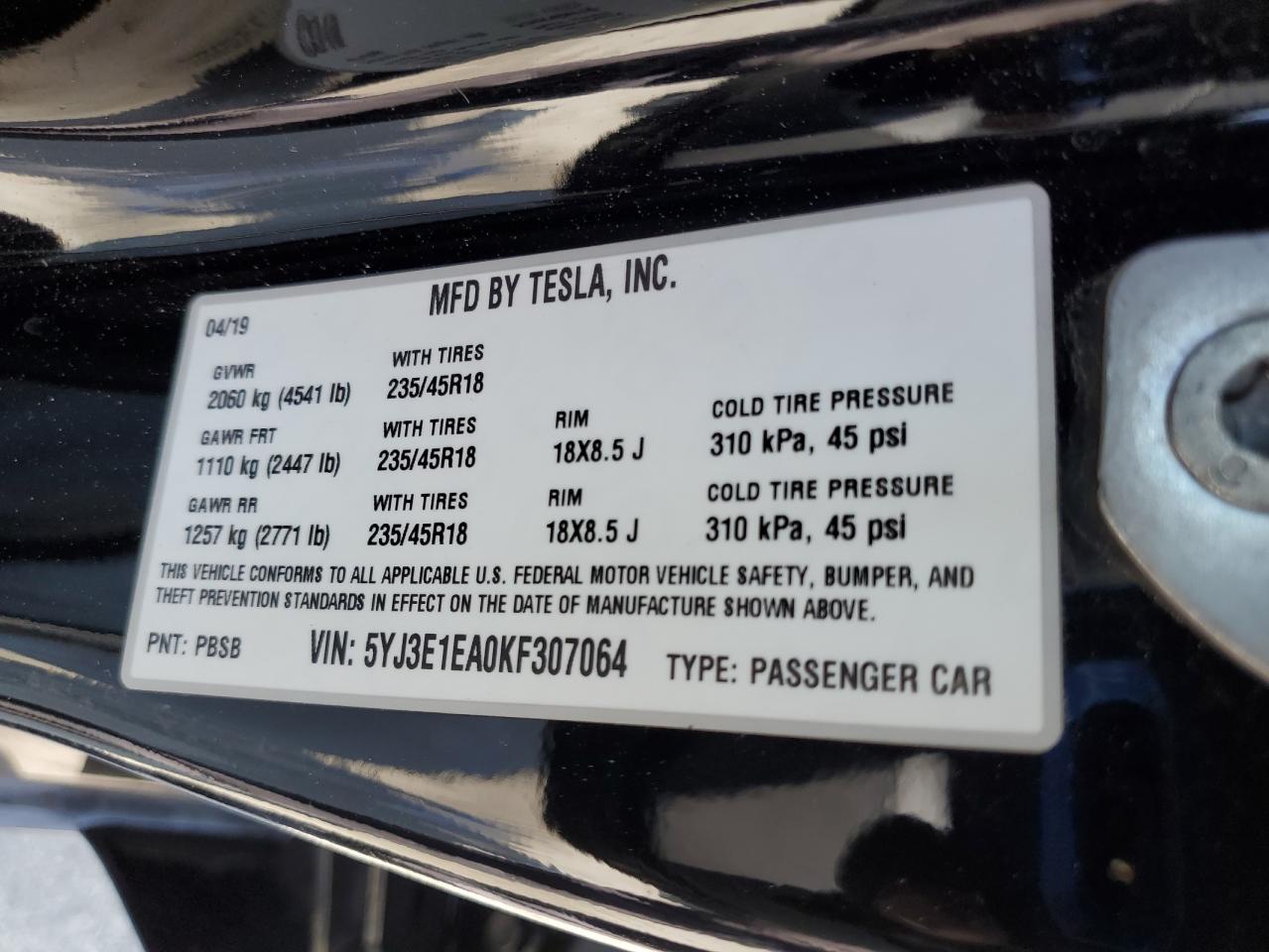 2019 Tesla Model 3 VIN: 5YJ3E1EA0KF307064 Lot: 62503965