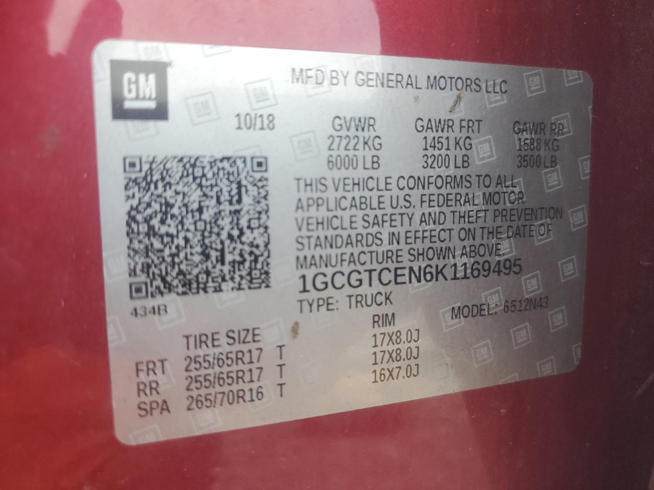 2019 Chevrolet Colorado Lt VIN: 1GCGTCEN6K1169495 Lot: 63636365