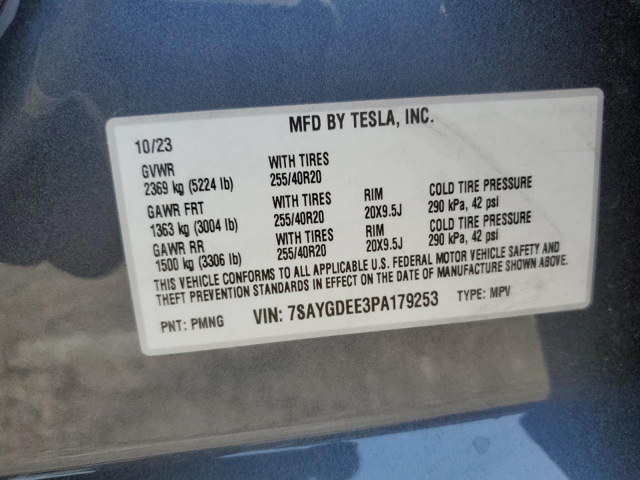 2023 Tesla Model Y VIN: 7SAYGDEE3PA179253 Lot: 62171995