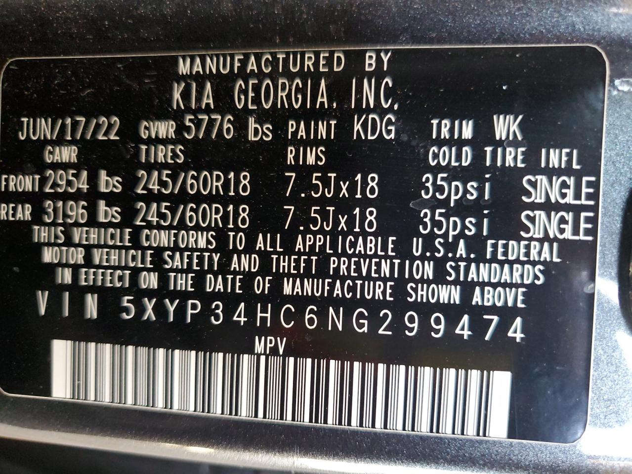 2022 Kia Telluride Ex VIN: 5XYP34HC6NG299474 Lot: 64643785