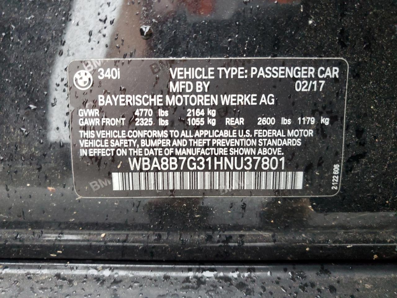 2017 BMW 340 Xi VIN: WBA8B7G31HNU37801 Lot: 63164365