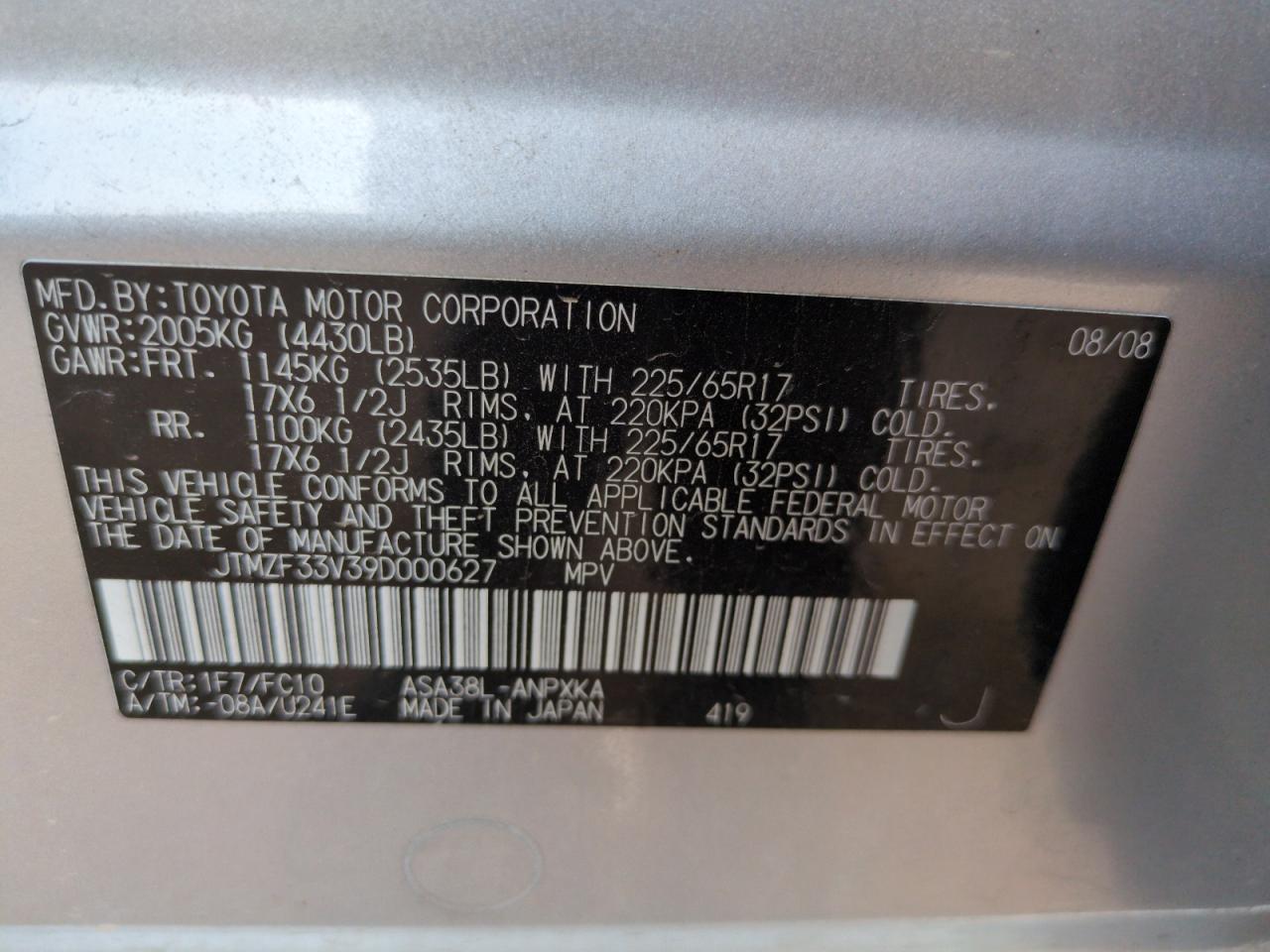 2009 Toyota Rav4 VIN: JTMZF33V39D000627 Lot: 64857495