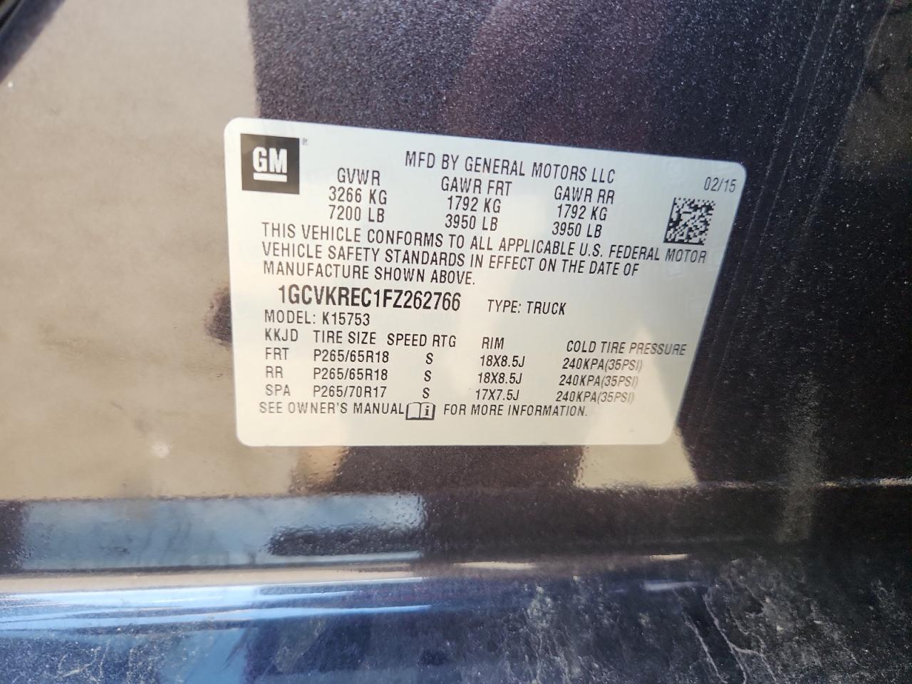 2015 Chevrolet Silverado K1500 Lt VIN: 1GCVKREC1FZ262766 Lot: 64813995