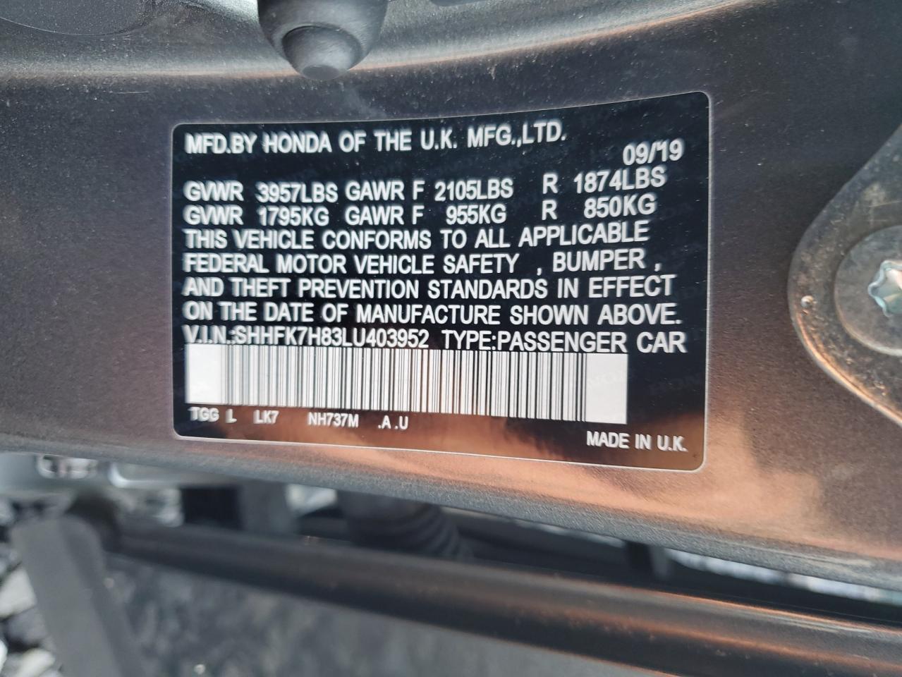 2020 Honda Civic Exl VIN: SHHFK7H83LU403952 Lot: 63556995