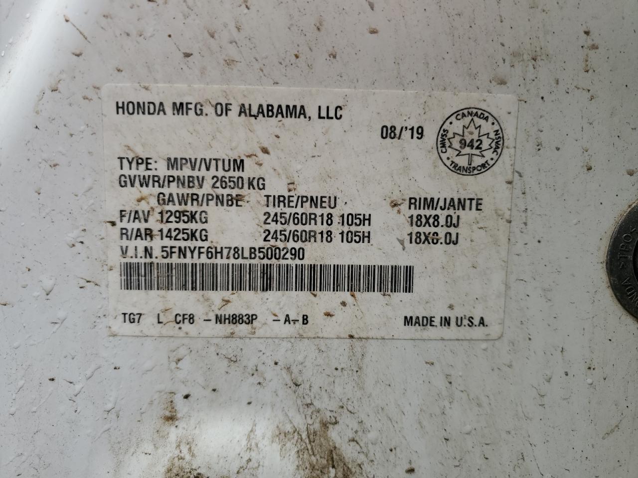 2020 Honda Pilot Black VIN: 5FNYF6H78LB500290 Lot: 64235045