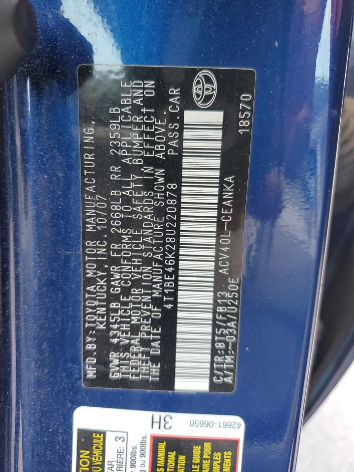 2008 Toyota Camry Ce VIN: 4T1BE46K28U220878 Lot: 65221615