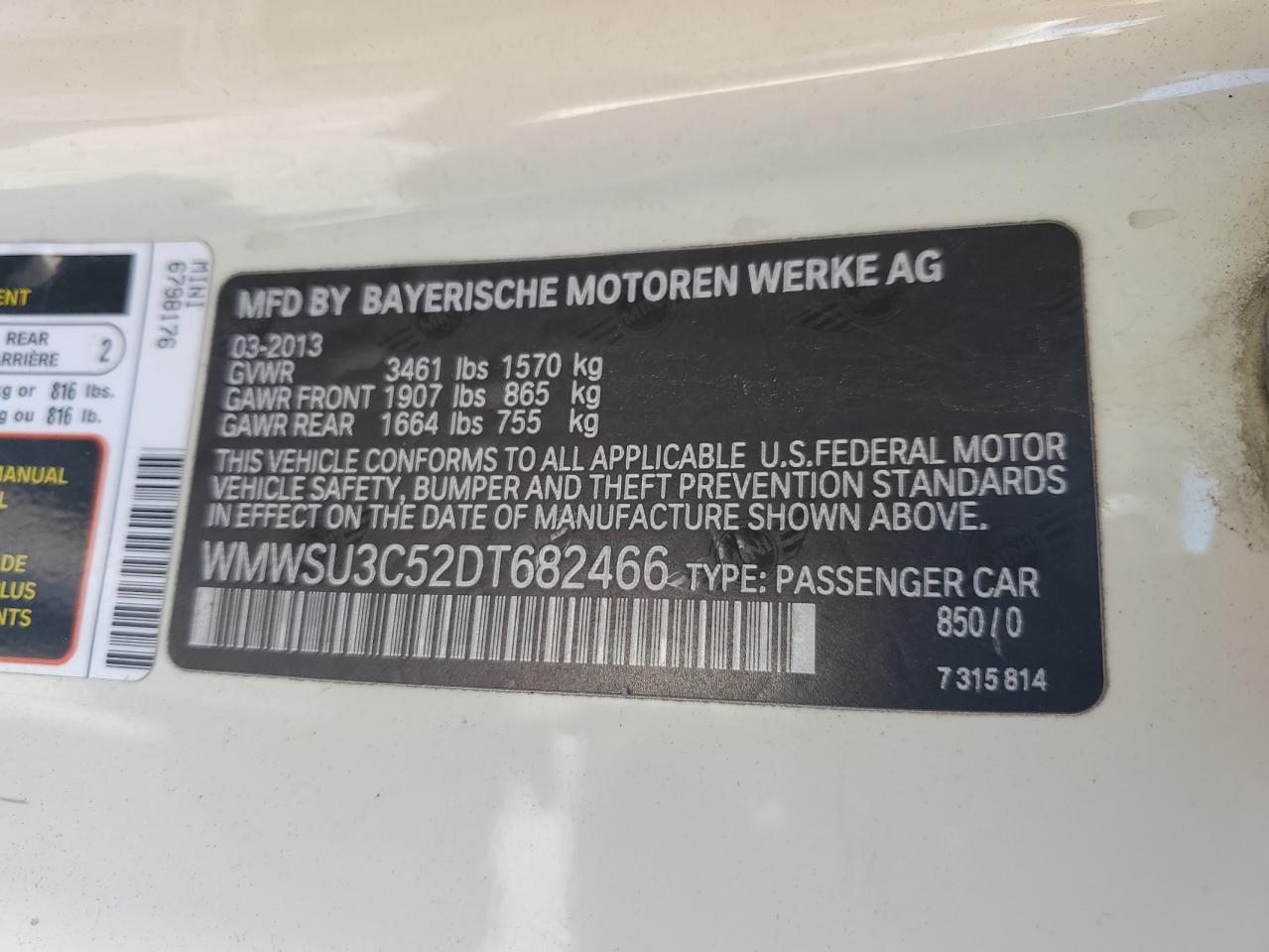 2013 Mini Cooper VIN: WMWSU3C52DT682466 Lot: 66539225