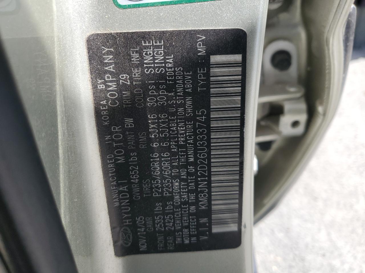 2006 Hyundai Tucson Gls VIN: KM8JN12D26U333745 Lot: 63434415