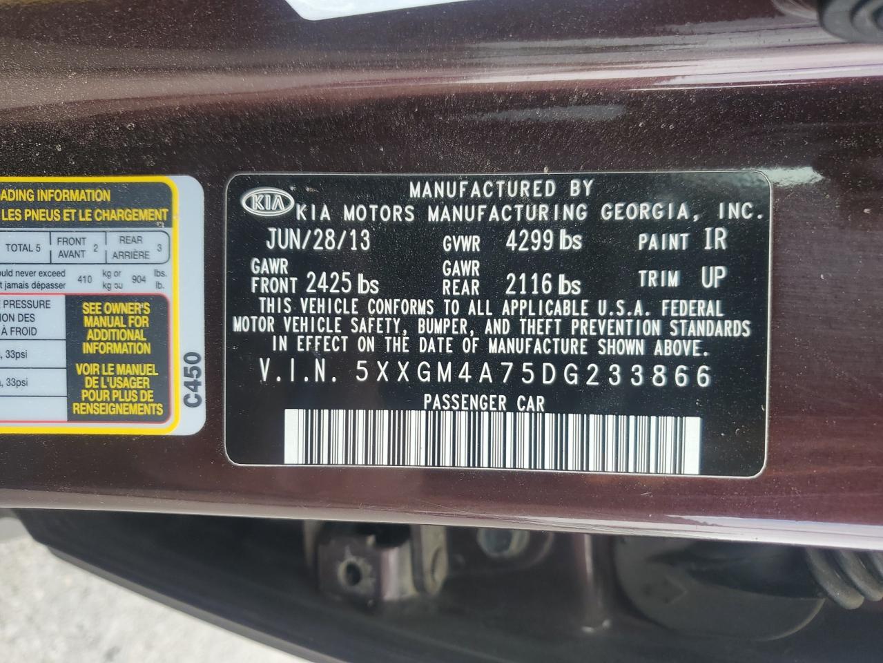 2013 Kia Optima Lx VIN: 5XXGM4A75DG233866 Lot: 64288525