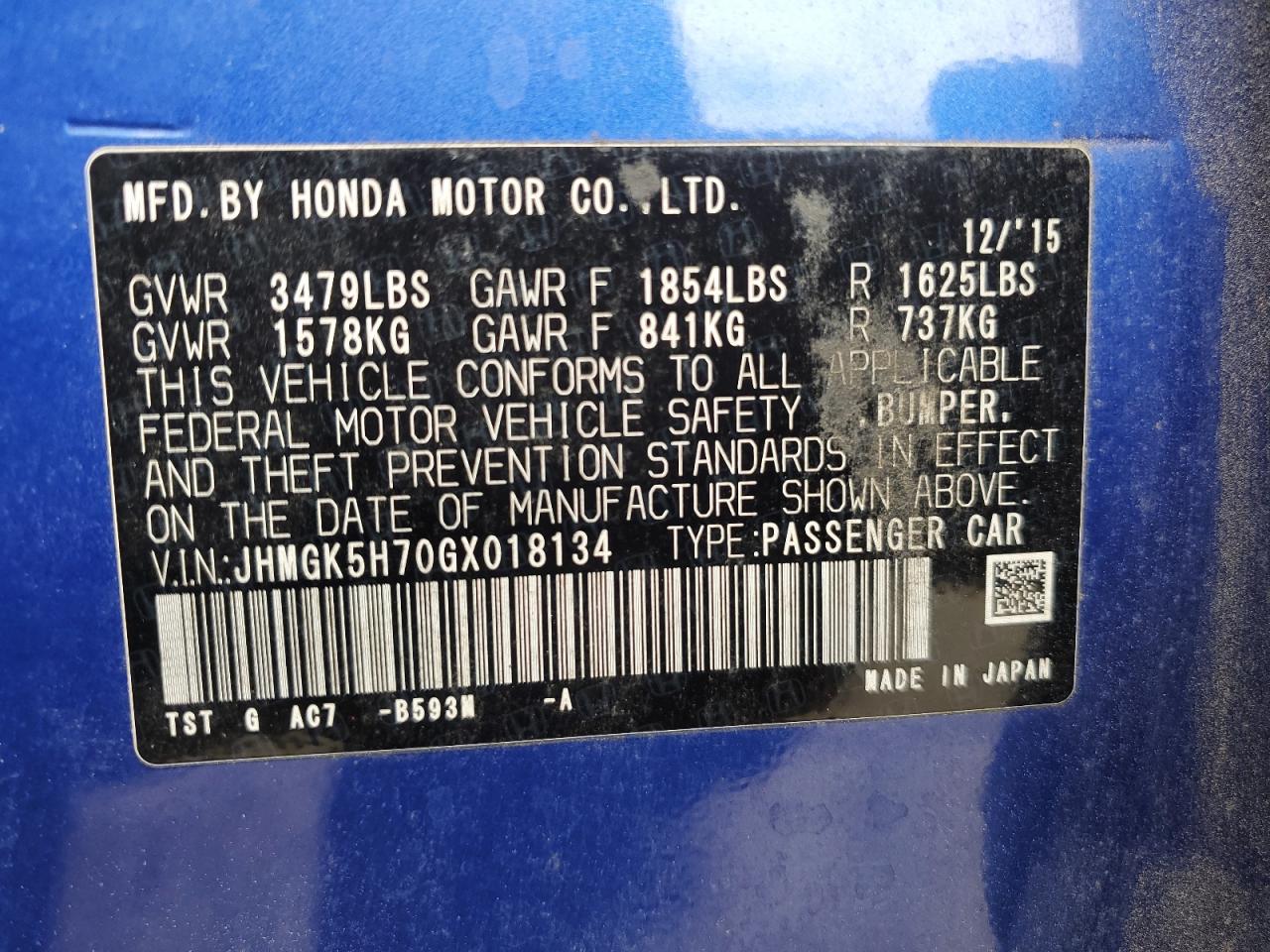 2016 Honda Fit Ex VIN: JHMGK5H70GX018134 Lot: 63459435