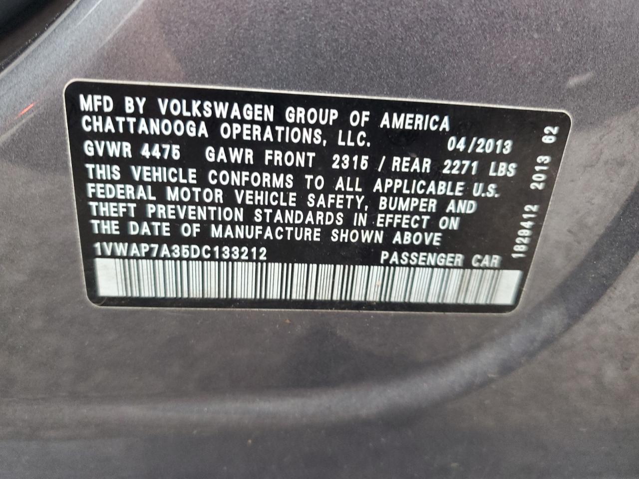 2013 Volkswagen Passat S VIN: 1VWAP7A35DC133212 Lot: 65584105