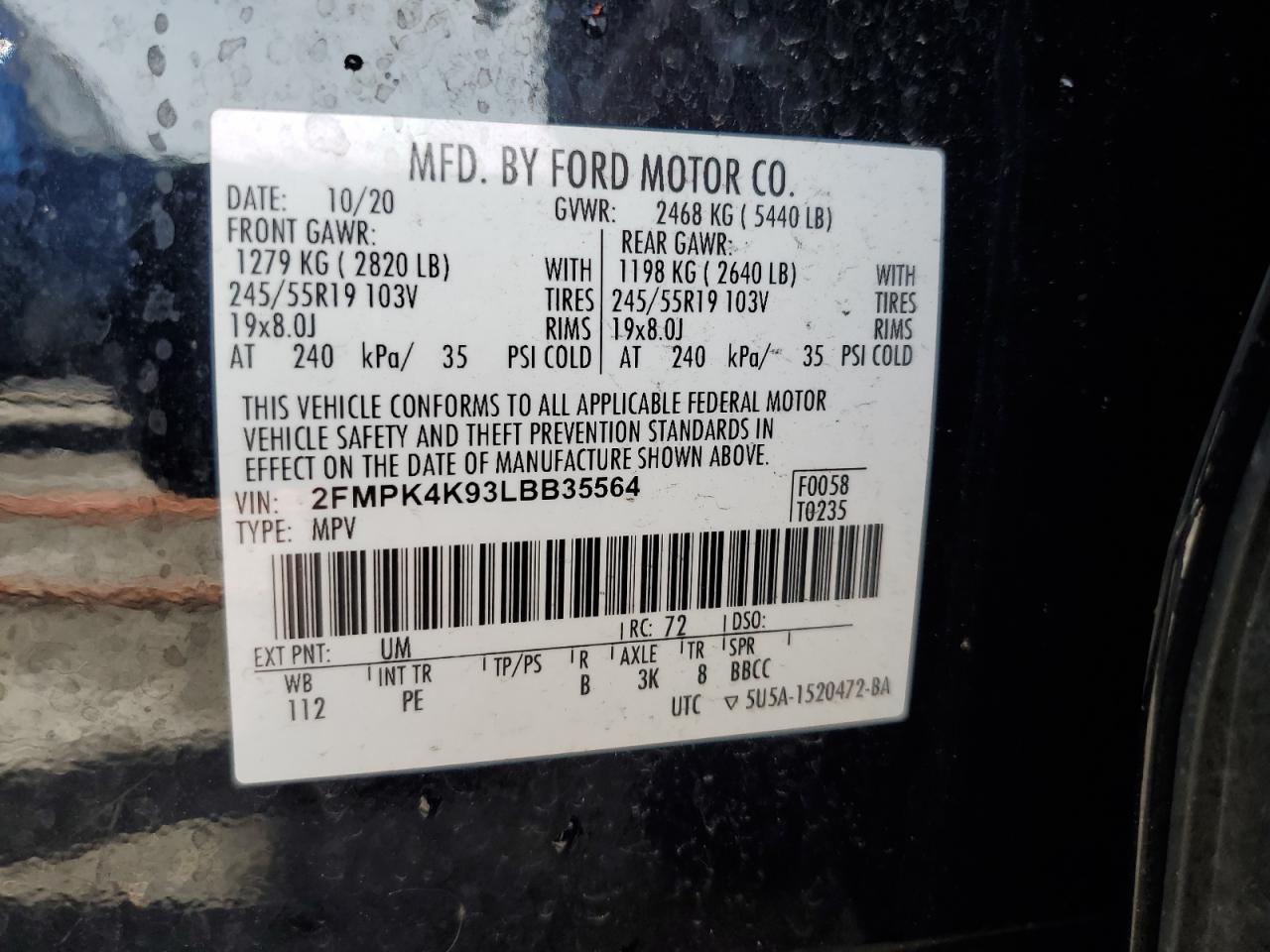 2020 Ford Edge Titanium VIN: 2FMPK4K93LBB35564 Lot: 64194975