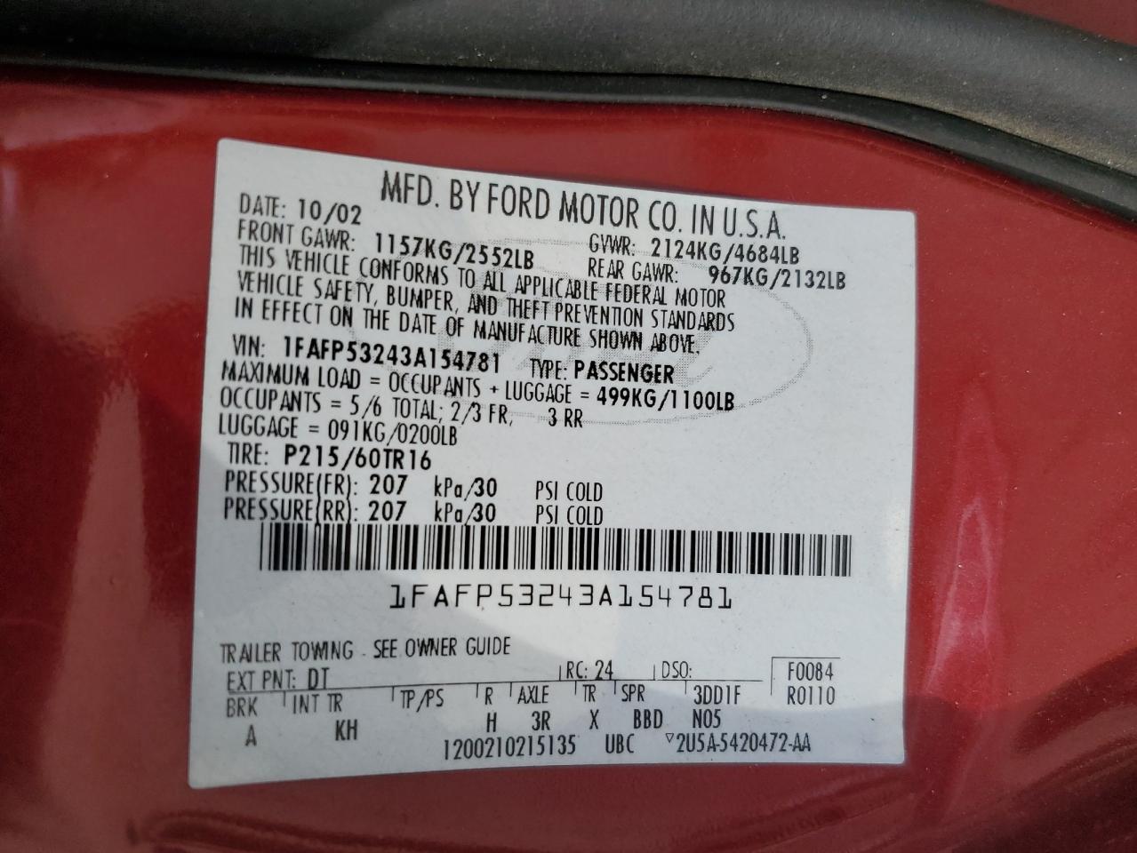 2003 Ford Taurus Se VIN: 1FAFP53243A154781 Lot: 62896435