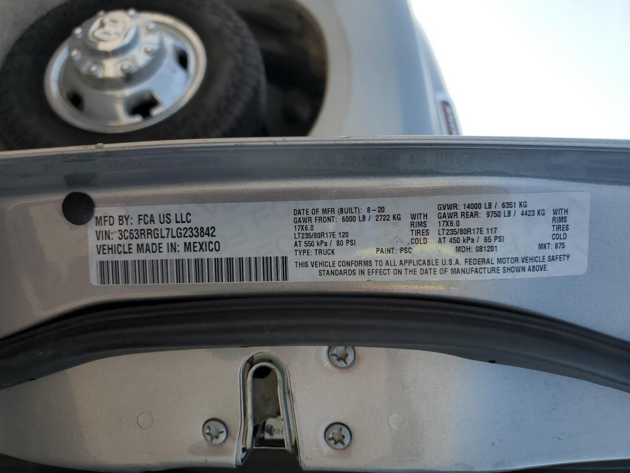 2020 Ram 3500 Tradesman VIN: 3C63RRGL7LG233842 Lot: 62892045