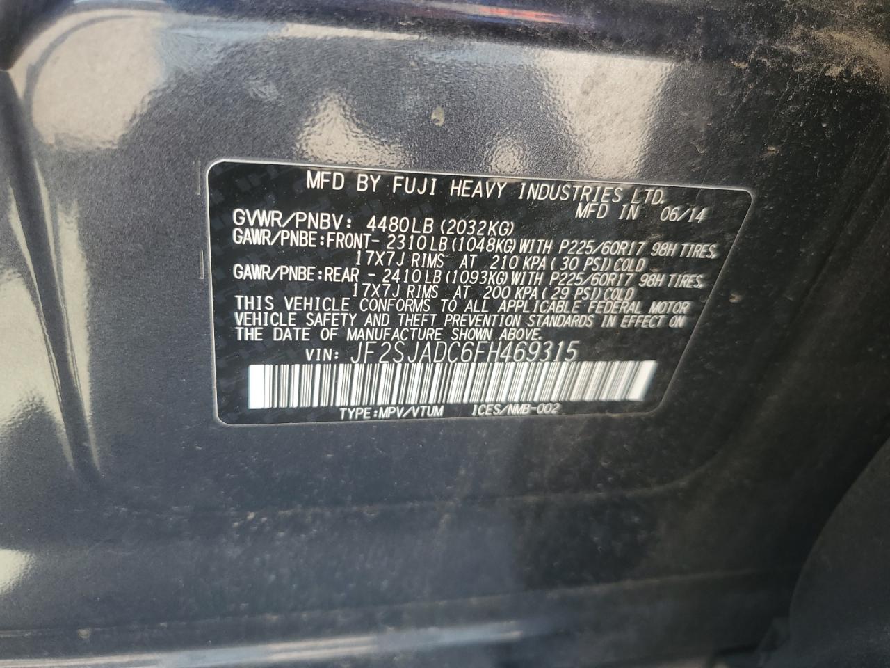 2015 Subaru Forester 2.5I Premium VIN: JF2SJADC6FH469315 Lot: 63064425