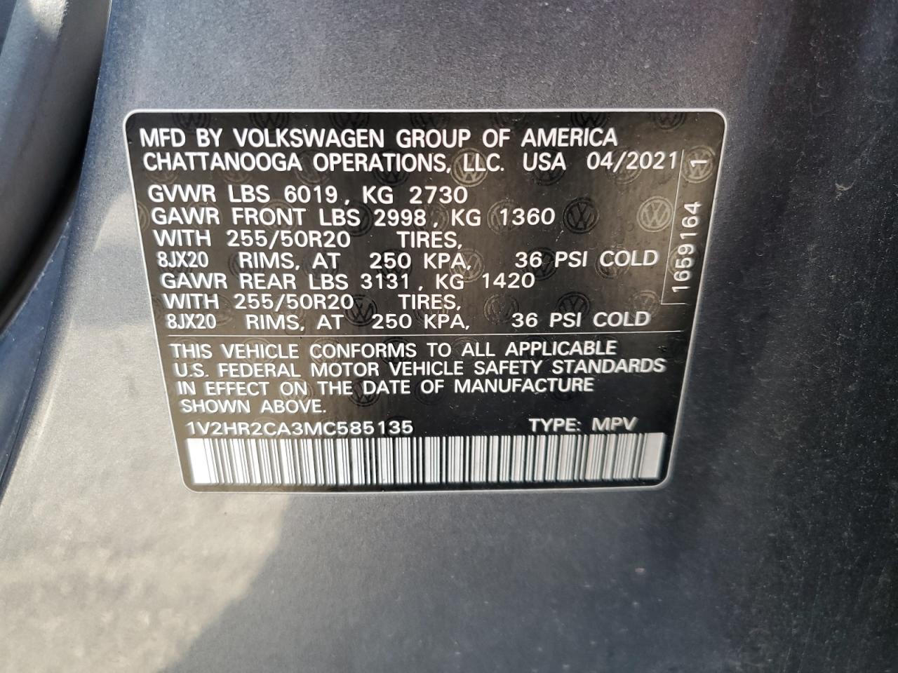 2021 Volkswagen Atlas Se VIN: 1V2HR2CA3MC585135 Lot: 64409115