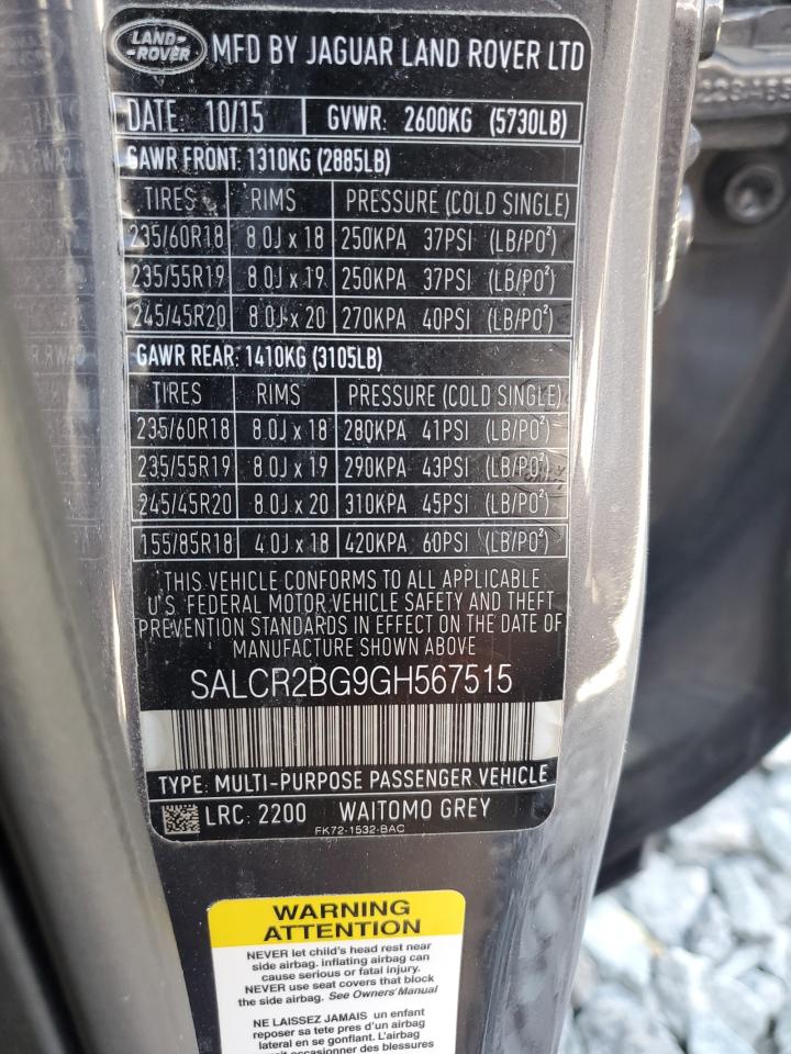 2016 Land Rover Discovery Sport Hse VIN: SALCR2BG9GH567515 Lot: 65244835