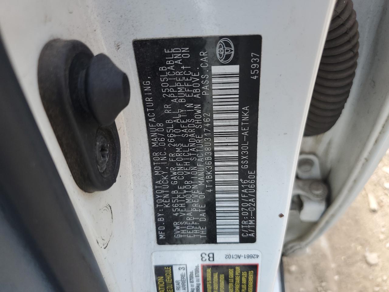 2008 Toyota Avalon Xl VIN: 4T1BK36B38U317462 Lot: 63881865