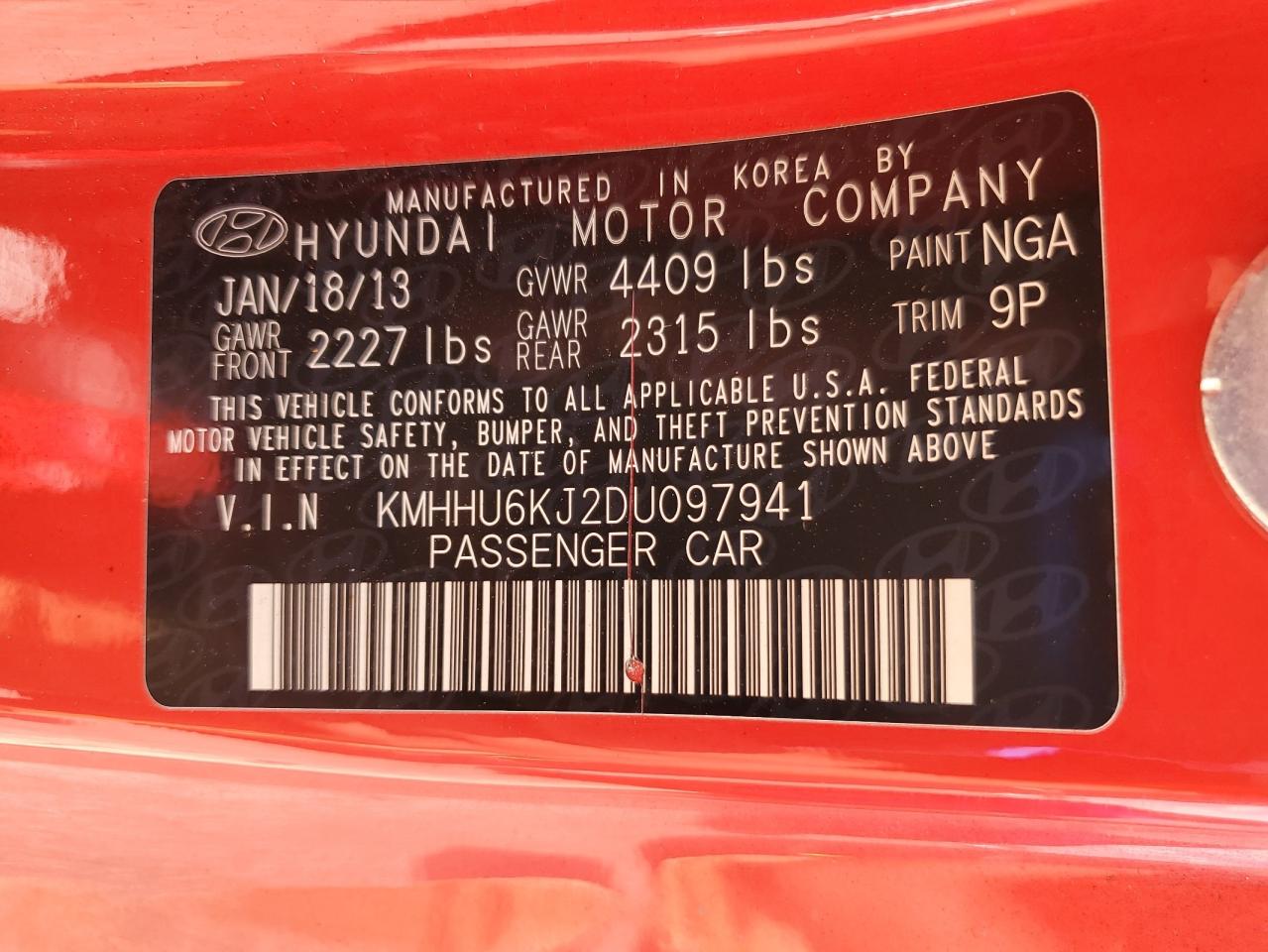 2013 Hyundai Genesis Coupe 3.8L VIN: KMHHU6KJ2DU097941 Lot: 62984165